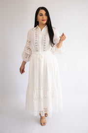 Lantern-sleeved long-sleeved shirt + elastic waist lace splicing hollow-out skirt skirt suit