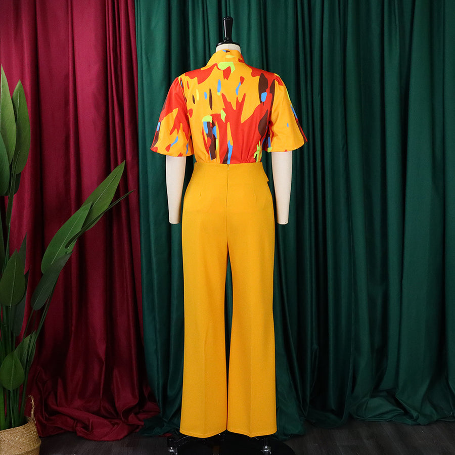 Two Piece Set Printed Blouse, High Waist Pants High Quality