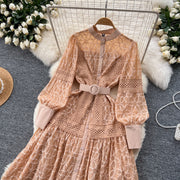 Elegant dress with lace and floral embroidery, high-quality high collar.