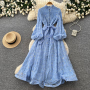 Spring Autumn French High-end Women's Dress New Lace Embroidery Glitter Lantern Sleeve Single Breasted Party Birthday Dress