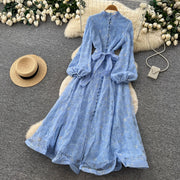 Spring Autumn French High-end Women's Dress New Lace Embroidery Glitter Lantern Sleeve Single Breasted Party Birthday Dress