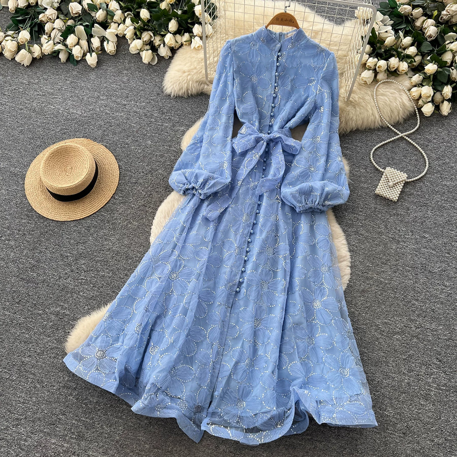 Spring Autumn French High-end Women's Dress New Lace Embroidery Glitter Lantern Sleeve Single Breasted Party Birthday Dress