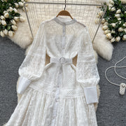 Elegant dress with lace and floral embroidery, high-quality high collar.