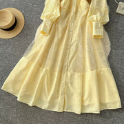 Fashion Women's Embroidery Dresses Stand Collar High Waist Lantern Sleeve Lace Spliced Long Sleeve Elegant Dress Female