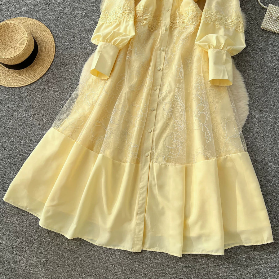 Fashion Women's Embroidery Dresses Stand Collar High Waist Lantern Sleeve Lace Spliced Long Sleeve Elegant Dress Female