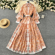 Retro bohemian paisley print dress with long lantern sleeves and high quality belt