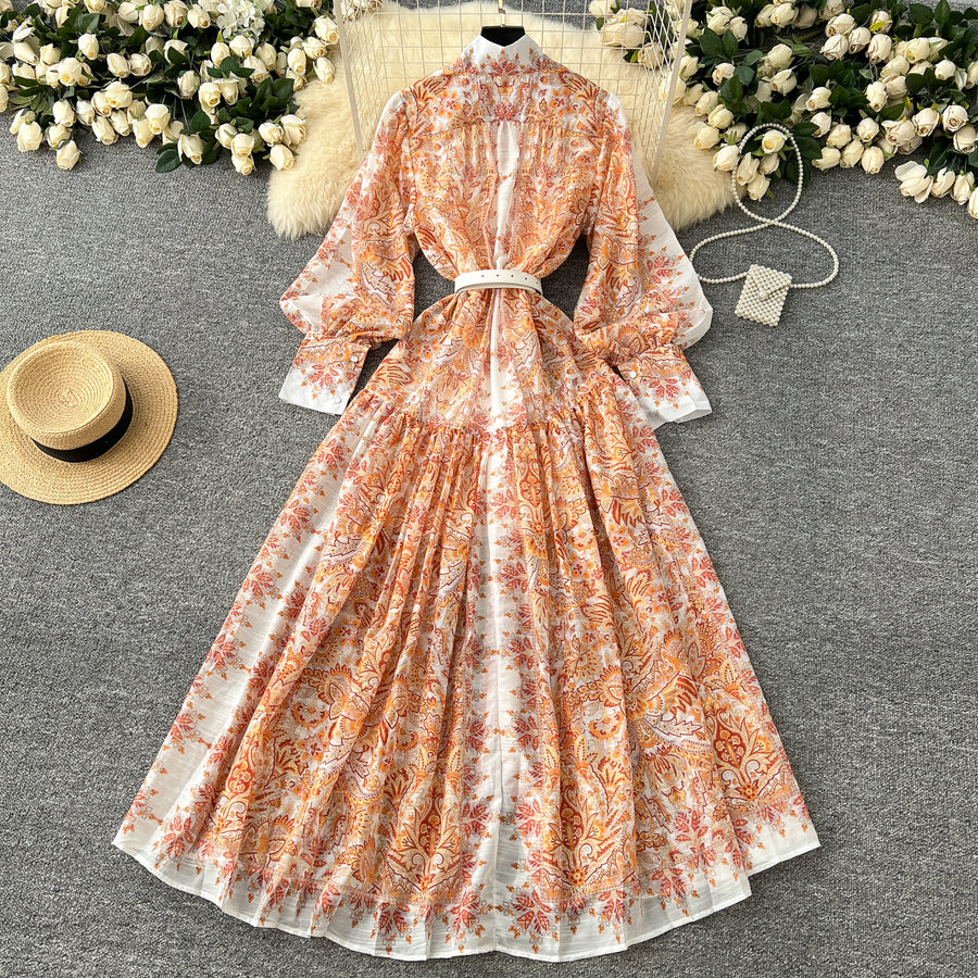 Retro bohemian paisley print dress with long lantern sleeves and high quality belt