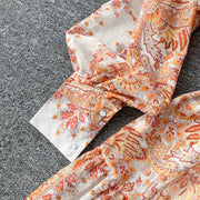 Retro bohemian paisley print dress with long lantern sleeves and high quality belt