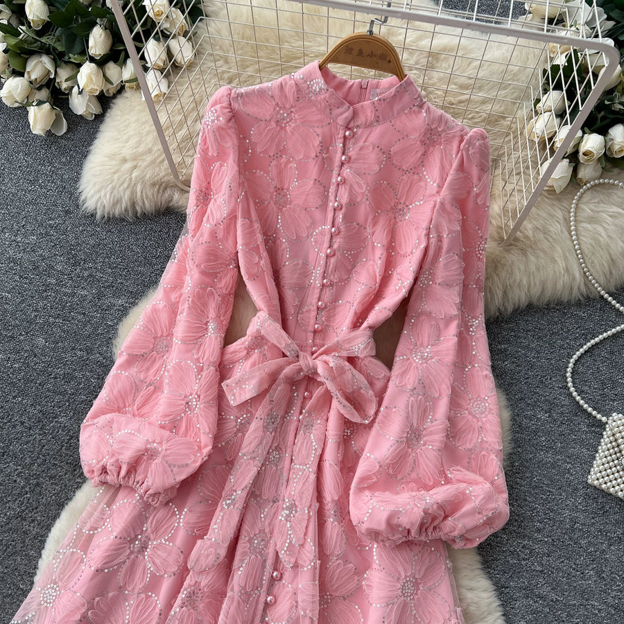 Spring Autumn French High-end Women's Dress New Lace Embroidery Glitter Lantern Sleeve Single Breasted Party Birthday Dress