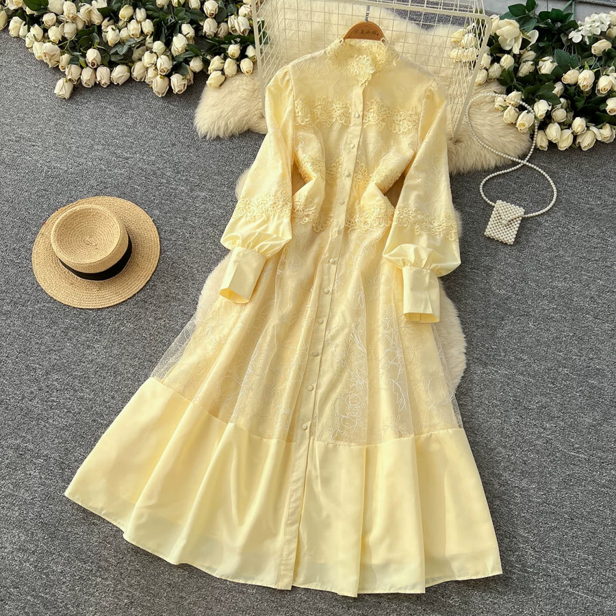 Fashion Women's Embroidery Dresses Stand Collar High Waist Lantern Sleeve Lace Spliced Long Sleeve Elegant Dress Female