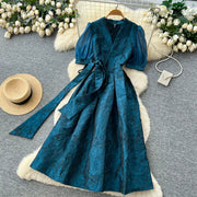 Summer Bohemian Jacquard Flower Long Dress Women V-Neck Short Puff Sleeve Vintage Print Bandage Lace Up Robe Vestidos Clothes