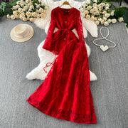 Embroidery Mesh 2 Pieces Set Women Hollow Out Sashes Shirt Tops + Elastic Waist A-Line Long Skirts Suit Autumn Ladies Outfit