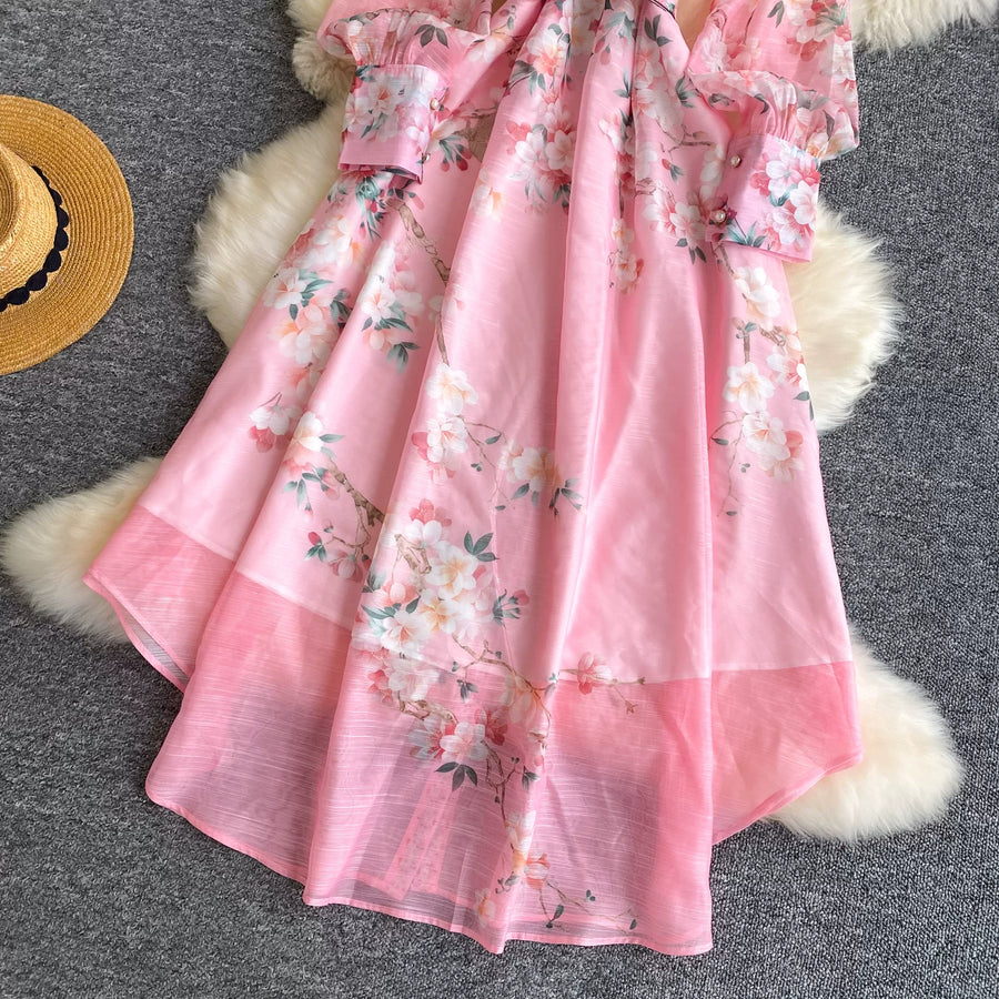 Spring Holiday Sweet Flower Beach Dress Women's Lapel Long Lantern Sleeve Pearl Button Up Floral Print Belt Dress Pockets