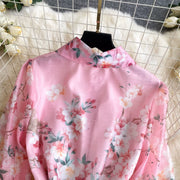 Spring Holiday Sweet Flower Beach Dress Women's Lapel Long Lantern Sleeve Pearl Button Up Floral Print Belt Dress Pockets