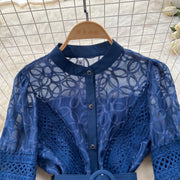 Elegant dress with lace and floral embroidery, high-quality high collar.