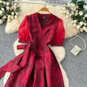 Summer Bohemian Jacquard Flower Long Dress Women V-Neck Short Puff Sleeve Vintage Print Bandage Lace Up Robe Vestidos Clothes