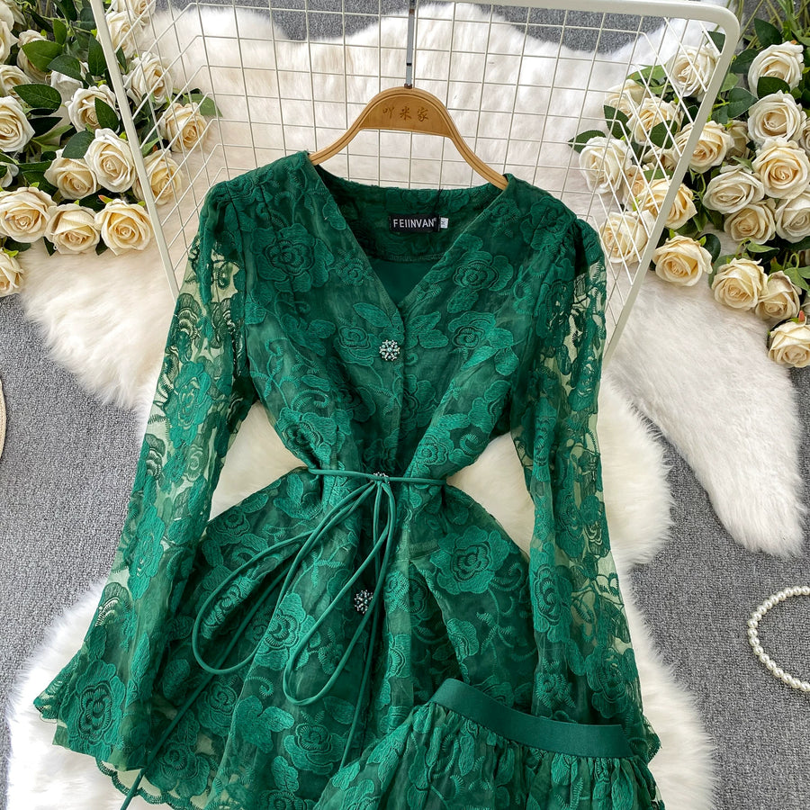Embroidery Mesh 2 Pieces Set Women Hollow Out Sashes Shirt Tops + Elastic Waist A-Line Long Skirts Suit Autumn Ladies Outfit