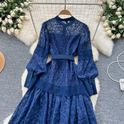 Elegant dress with lace and floral embroidery, high-quality high collar.