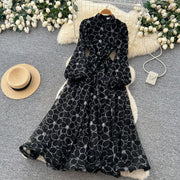 Spring Autumn French High-end Women's Dress New Lace Embroidery Glitter Lantern Sleeve Single Breasted Party Birthday Dress