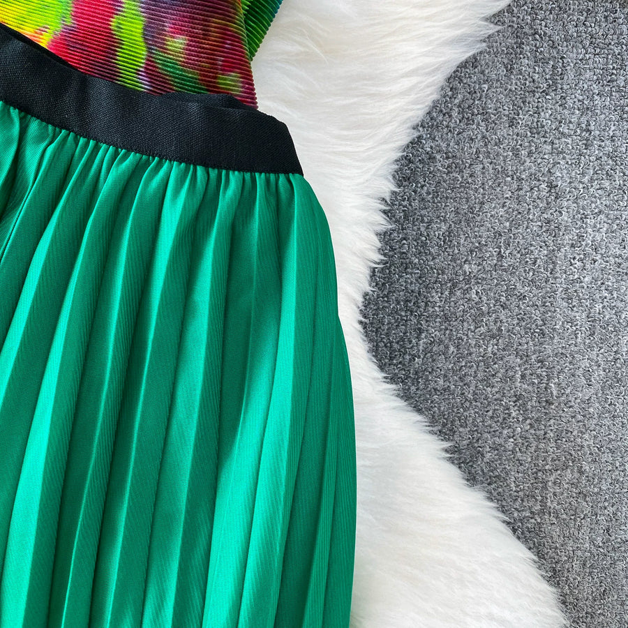 Loose Fit Miyake Style Pleated Matching Suit Women Oversized Bat Sleeve Drawstring Print Tunic + Pleated Wide Leg Pants Set