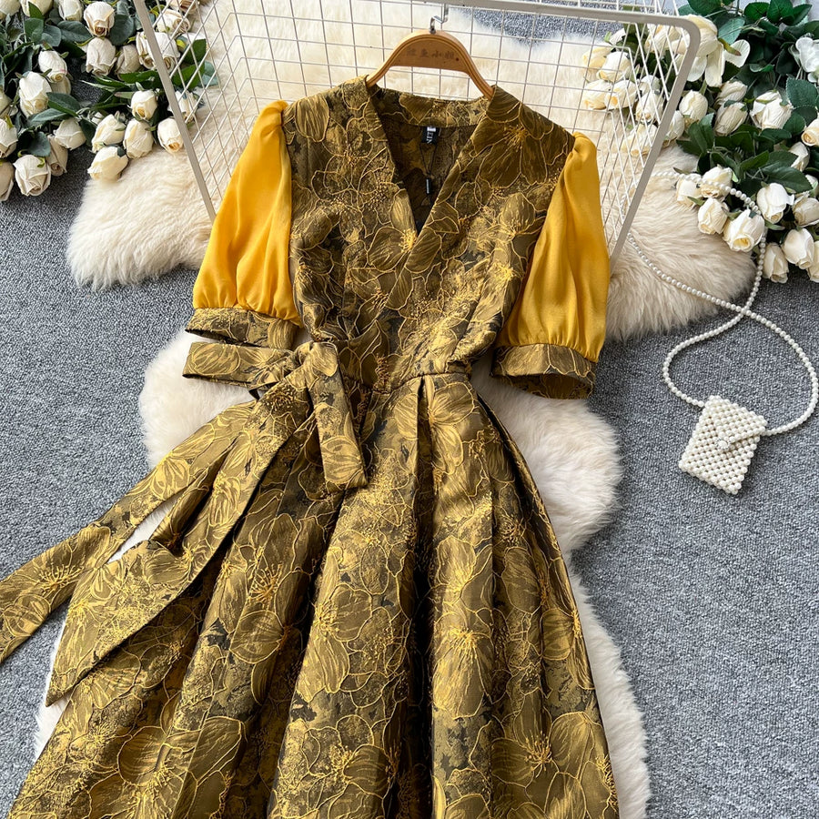 Summer Bohemian Jacquard Flower Long Dress Women V-Neck Short Puff Sleeve Vintage Print Bandage Lace Up Robe Vestidos Clothes