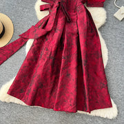 Summer Bohemian Jacquard Flower Long Dress Women V-Neck Short Puff Sleeve Vintage Print Bandage Lace Up Robe Vestidos Clothes