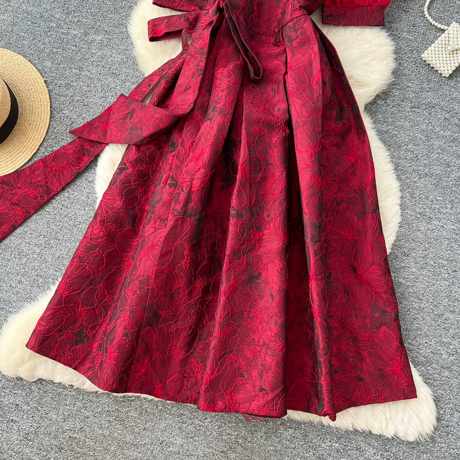 Summer Bohemian Jacquard Flower Long Dress Women V-Neck Short Puff Sleeve Vintage Print Bandage Lace Up Robe Vestidos Clothes