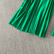 Loose Fit Miyake Style Pleated Matching Suit Women Oversized Bat Sleeve Drawstring Print Tunic + Pleated Wide Leg Pants Set