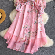 Spring Holiday Sweet Flower Beach Dress Women's Lapel Long Lantern Sleeve Pearl Button Up Floral Print Belt Dress Pockets