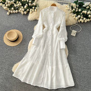 Fashion Women's Embroidery Dresses Stand Collar High Waist Lantern Sleeve Lace Spliced Long Sleeve Elegant Dress Female