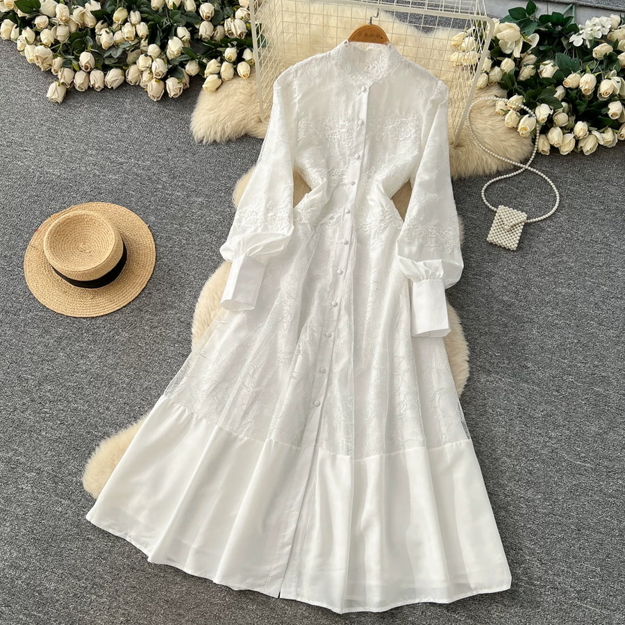 Fashion Women's Embroidery Dresses Stand Collar High Waist Lantern Sleeve Lace Spliced Long Sleeve Elegant Dress Female