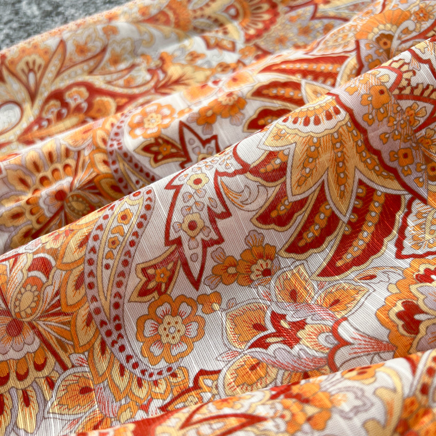 Retro bohemian paisley print dress with long lantern sleeves and high quality belt