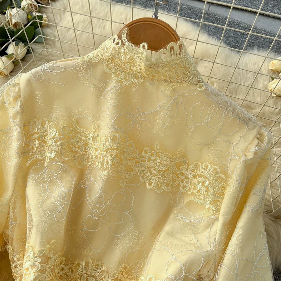 Fashion Women's Embroidery Dresses Stand Collar High Waist Lantern Sleeve Lace Spliced Long Sleeve Elegant Dress Female