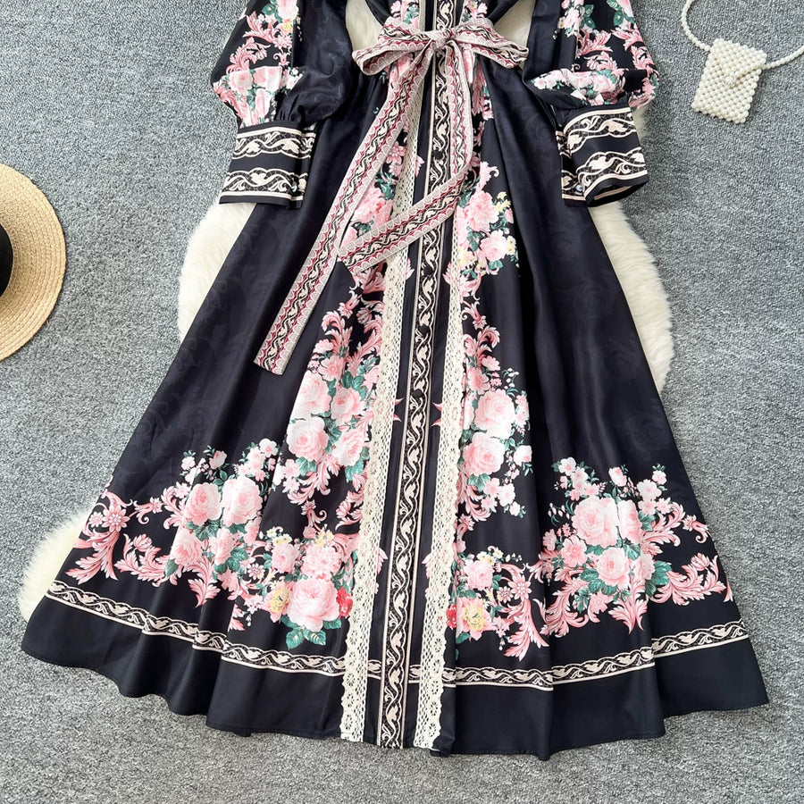 Elegant Lace Spliced Long Printed Dr Women's High Waist Lantern Sleeve Ball Gown Korean Sle Commute Fashion Spring Autumn Ladies