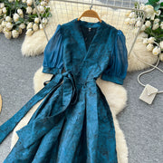 Summer Bohemian Jacquard Flower Long Dress Women V-Neck Short Puff Sleeve Vintage Print Bandage Lace Up Robe Vestidos Clothes