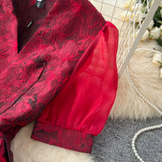 Summer Bohemian Jacquard Flower Long Dress Women V-Neck Short Puff Sleeve Vintage Print Bandage Lace Up Robe Vestidos Clothes