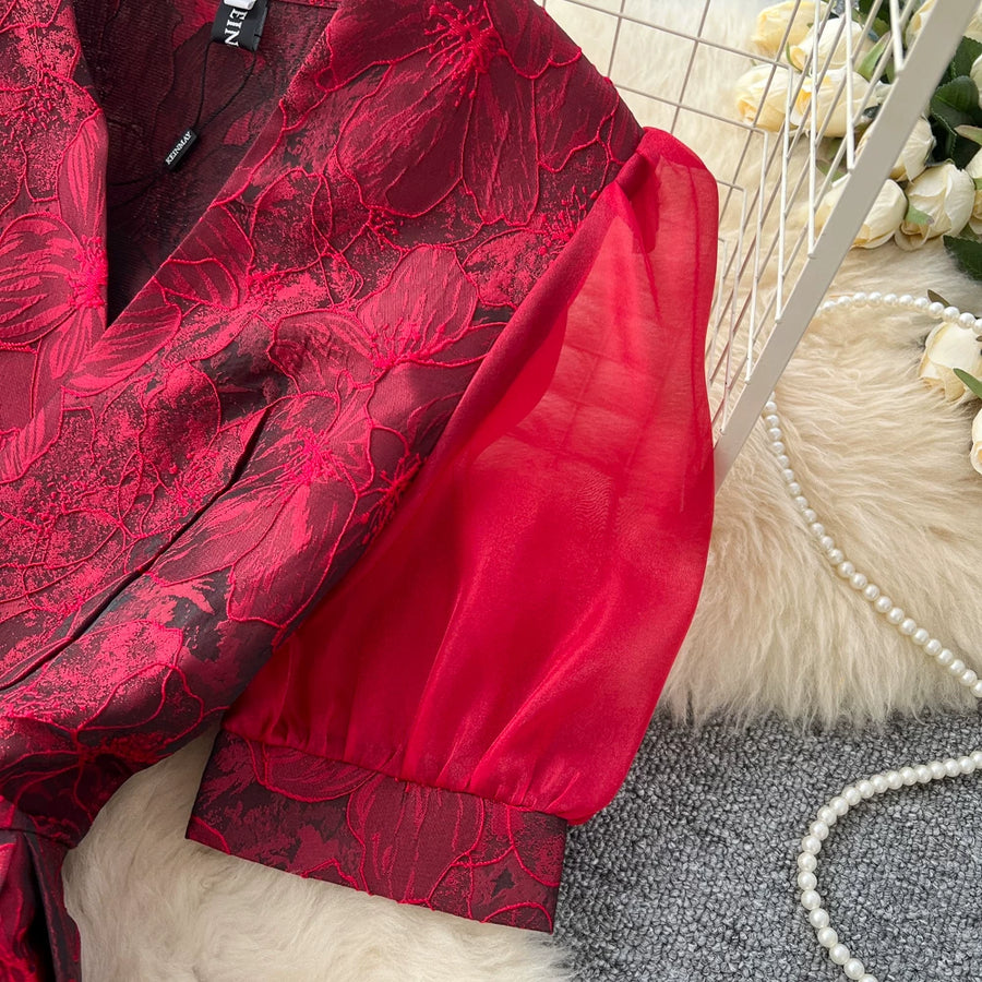 Summer Bohemian Jacquard Flower Long Dress Women V-Neck Short Puff Sleeve Vintage Print Bandage Lace Up Robe Vestidos Clothes