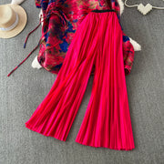 Loose Fit Miyake Style Pleated Matching Suit Women Oversized Bat Sleeve Drawstring Print Tunic + Pleated Wide Leg Pants Set
