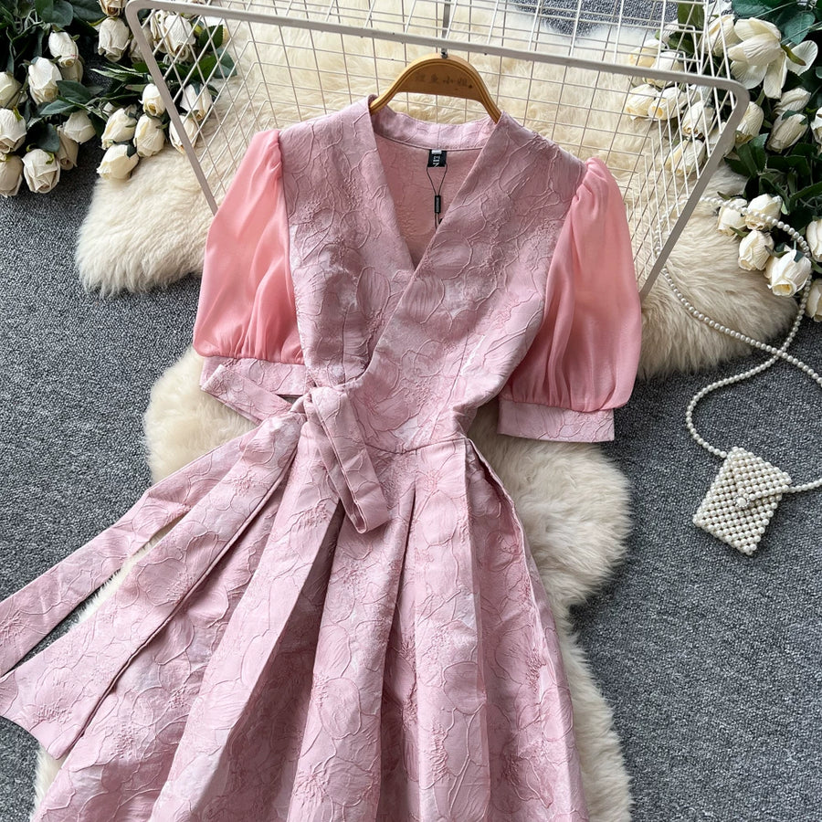 Summer Bohemian Jacquard Flower Long Dress Women V-Neck Short Puff Sleeve Vintage Print Bandage Lace Up Robe Vestidos Clothes