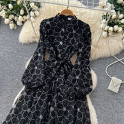 Spring Autumn French High-end Women's Dress New Lace Embroidery Glitter Lantern Sleeve Single Breasted Party Birthday Dress