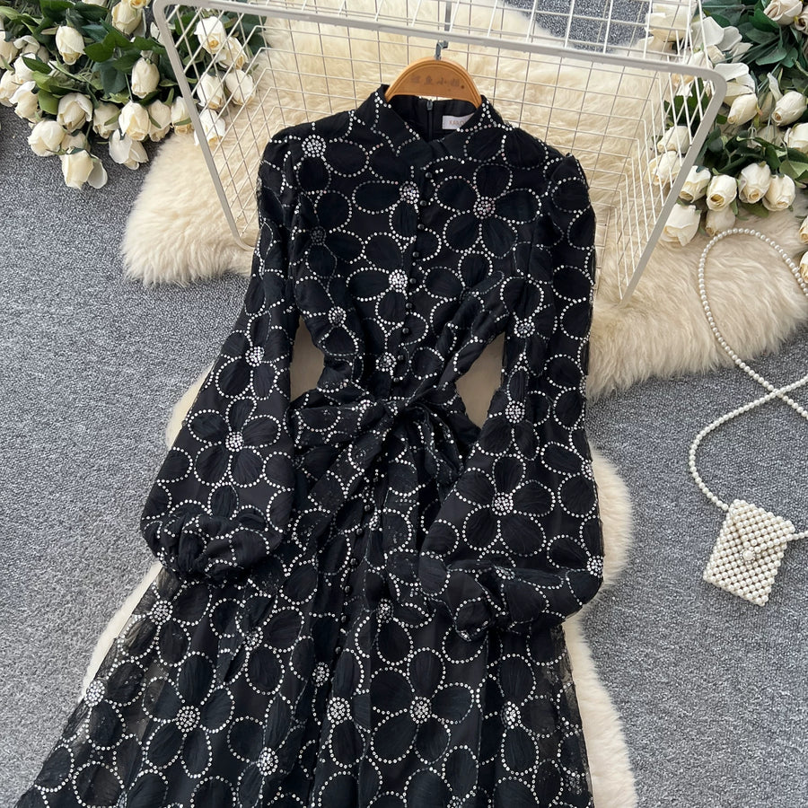 Spring Autumn French High-end Women's Dress New Lace Embroidery Glitter Lantern Sleeve Single Breasted Party Birthday Dress
