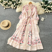 Elegant Lace Spliced Long Printed Dr Women's High Waist Lantern Sleeve Ball Gown Korean Sle Commute Fashion Spring Autumn Ladies