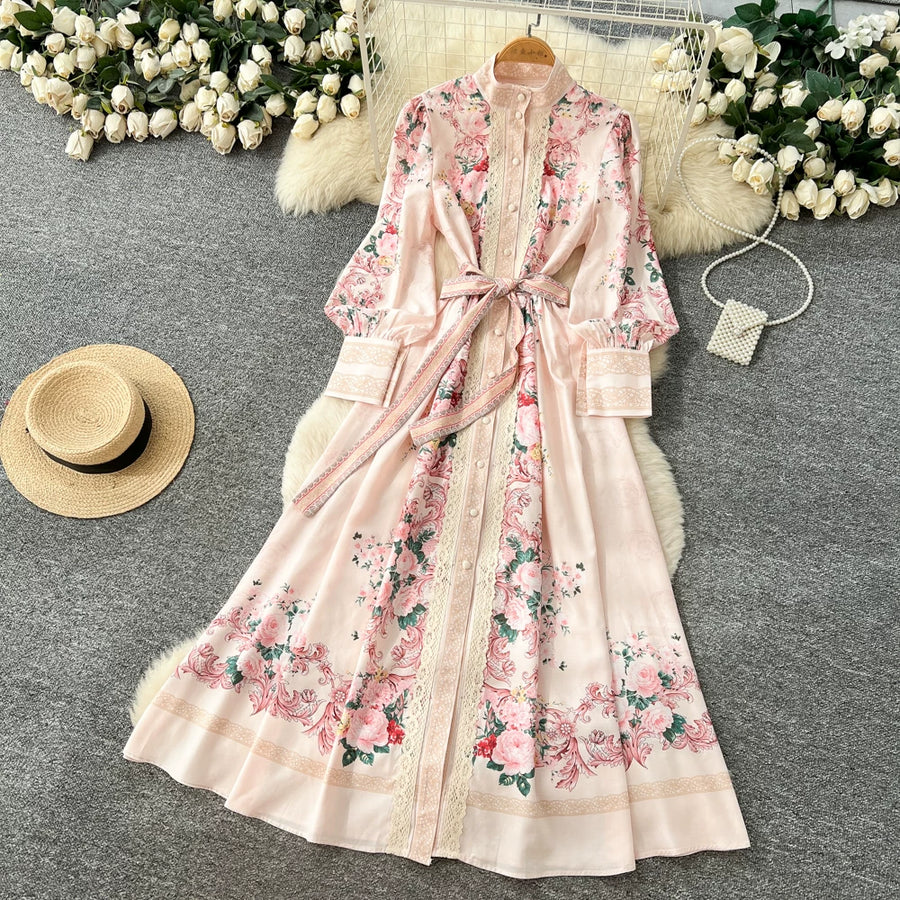 Elegant Lace Spliced Long Printed Dr Women's High Waist Lantern Sleeve Ball Gown Korean Sle Commute Fashion Spring Autumn Ladies