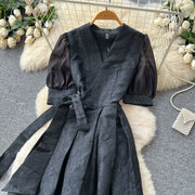 Summer Bohemian Jacquard Flower Long Dress Women V-Neck Short Puff Sleeve Vintage Print Bandage Lace Up Robe Vestidos Clothes