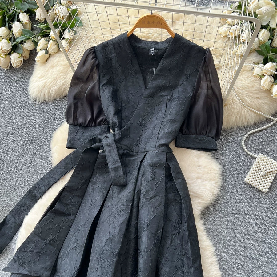 Summer Bohemian Jacquard Flower Long Dress Women V-Neck Short Puff Sleeve Vintage Print Bandage Lace Up Robe Vestidos Clothes
