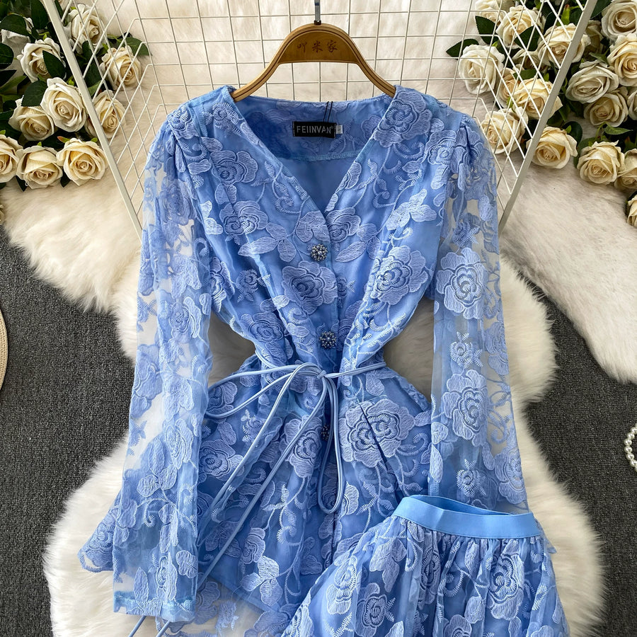 Embroidery Mesh 2 Pieces Set Women Hollow Out Sashes Shirt Tops + Elastic Waist A-Line Long Skirts Suit Autumn Ladies Outfit