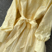 Fashion Women's Embroidery Dresses Stand Collar High Waist Lantern Sleeve Lace Spliced Long Sleeve Elegant Dress Female