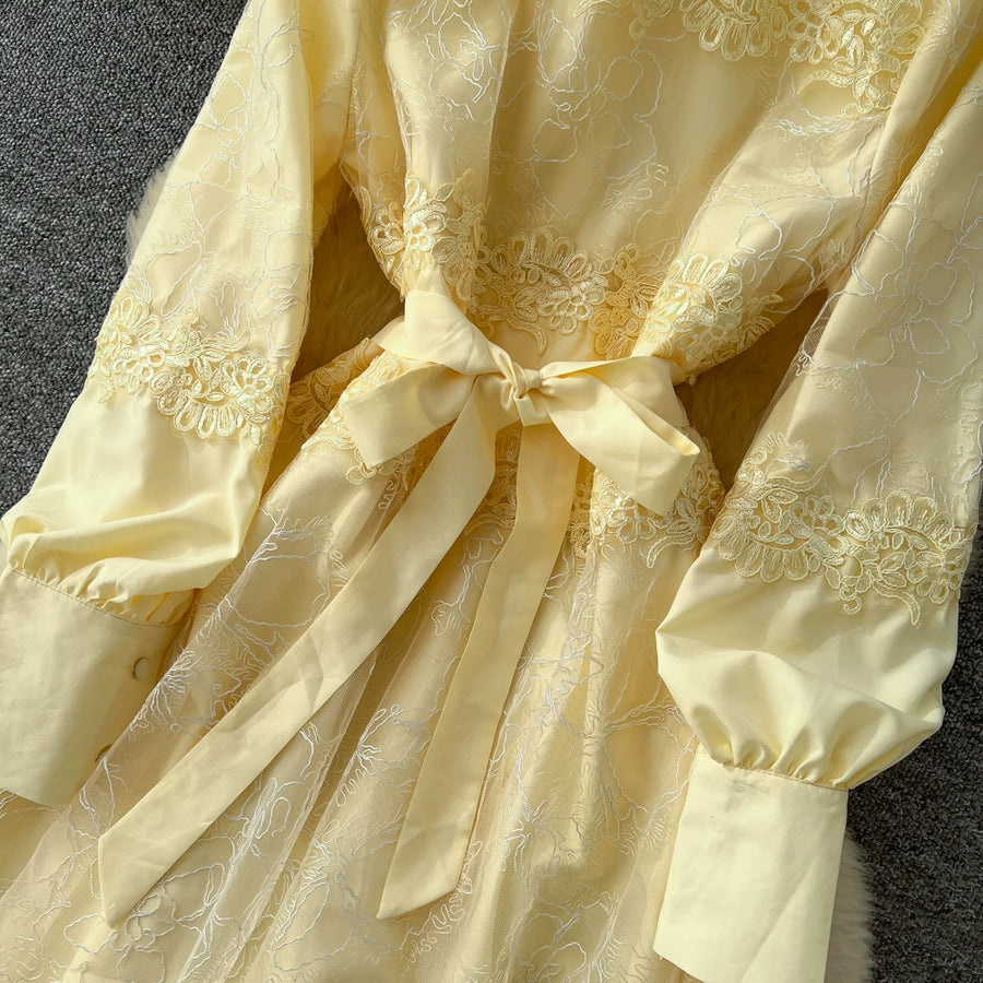 Fashion Women's Embroidery Dresses Stand Collar High Waist Lantern Sleeve Lace Spliced Long Sleeve Elegant Dress Female