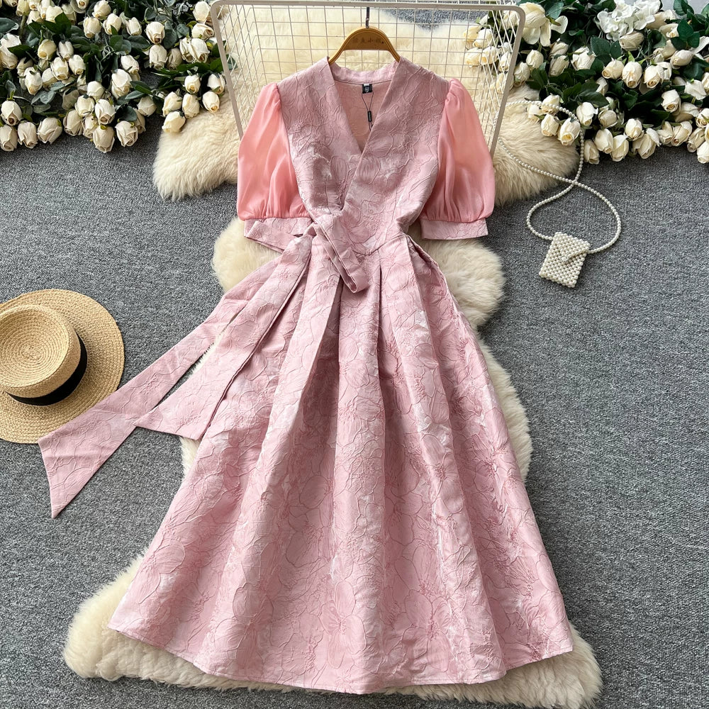 Summer Bohemian Jacquard Flower Long Dress Women V-Neck Short Puff Sleeve Vintage Print Bandage Lace Up Robe Vestidos Clothes