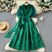 Summer Bohemian Jacquard Flower Long Dress Women V-Neck Short Puff Sleeve Vintage Print Bandage Lace Up Robe Vestidos Clothes